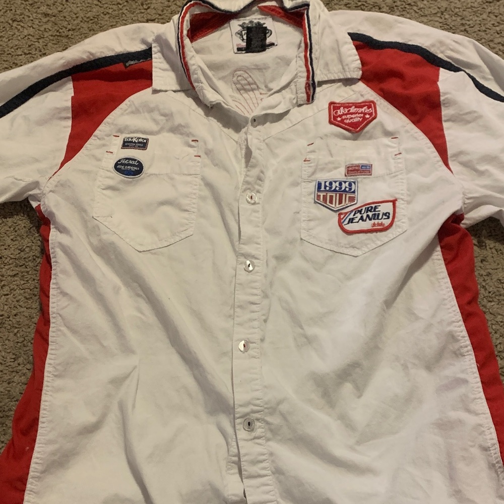 Men's White and Red Racing-Inspired Shirt